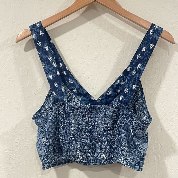 ~ Ecote Lg Boho Crop Top Blue Paisley Pattern Navy Adjustable Convertible Beachy - Picture 12 of 16